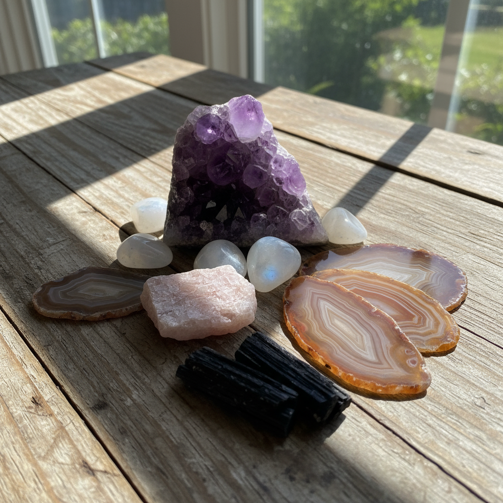 A collection of crystals clustered together on a worn, wooden table by the window. Amethyst, moonstone, agate, lepidolite, tourmaline. The sun streams through the window highlighting the table.